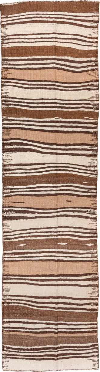 2' x 10' one-of-a-kind handmade vintage Kilim runner rug. Color palette: brown, off-white, light gray, pink, gray, orange