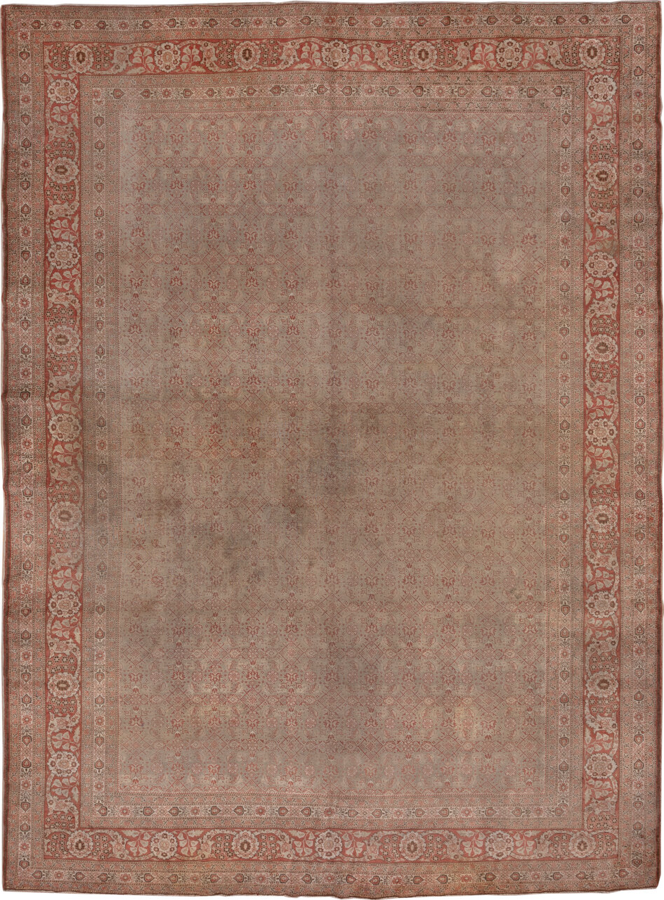 11' x 14' one-of-a-kind handmade vintage Tabriz oversize rug. Color palette: brown, pink, gray