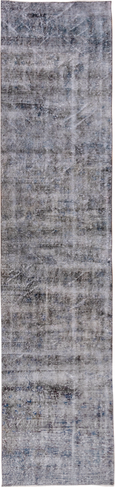 2' x 10' one-of-a-kind handmade vintage Overdyed runner rug. Color palette: black, blue, dark gray, dim gray, gray