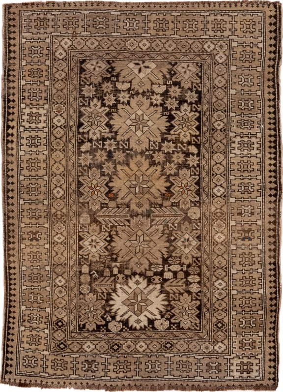 3' x 4' one-of-a-kind handmade vintage Shirvan small size rug. Color palette: brown, pink, gray, light gray, black