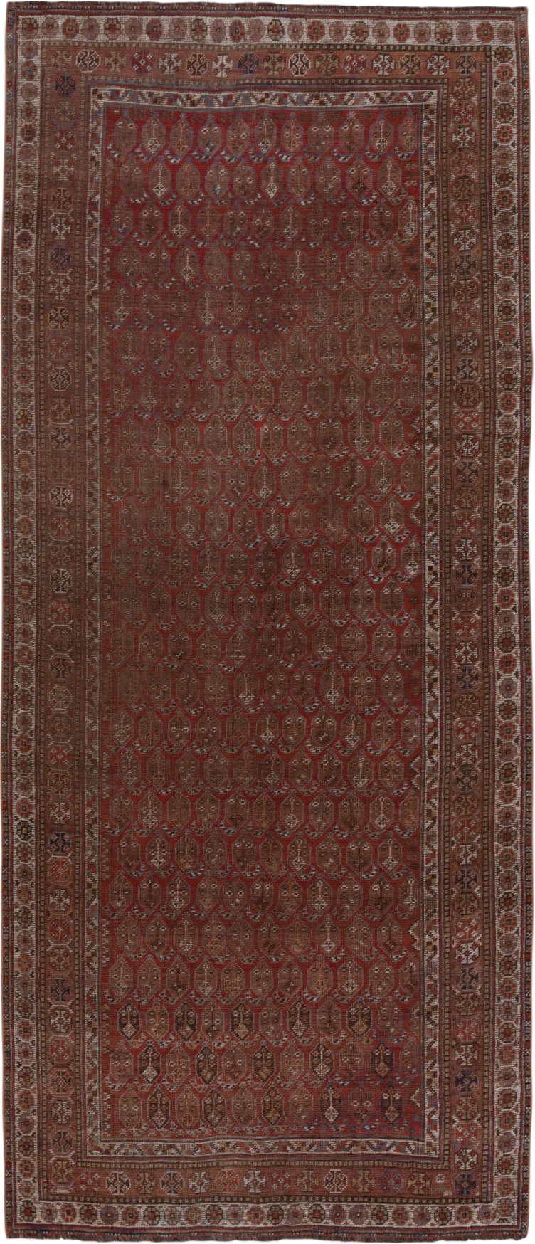 5' x 11' one-of-a-kind handmade vintage Shiraz runner rug. Color palette: brown, gray, light gray, pink, red, redwood