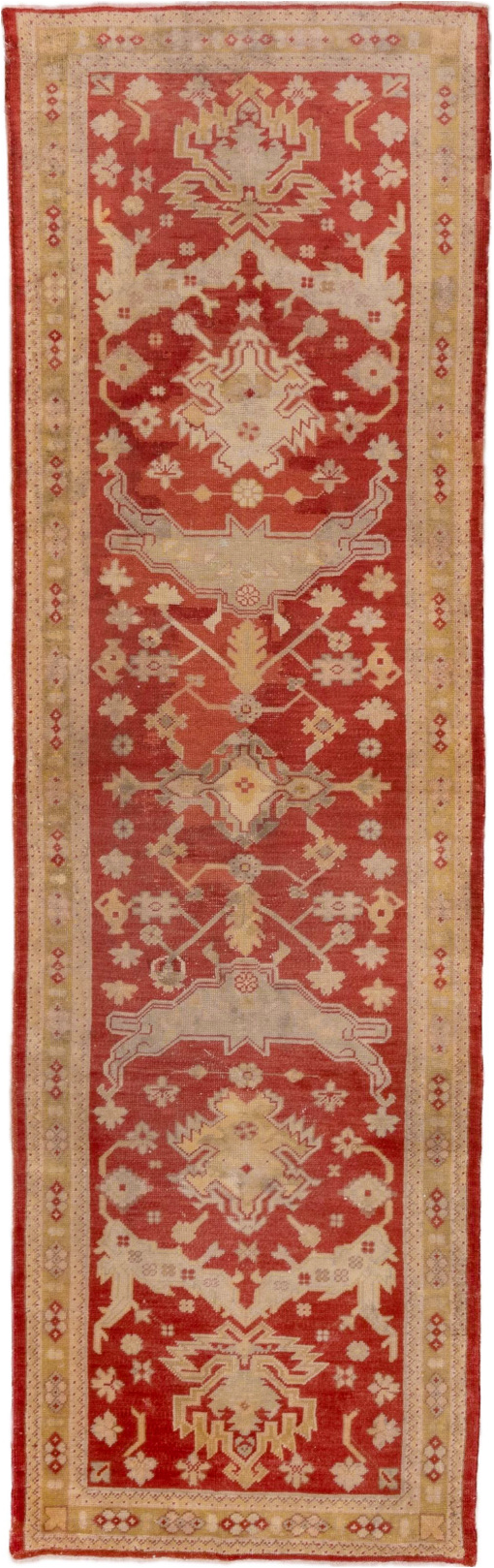 3' x 11' one-of-a-kind handmade vintage Oushak runner rug. Color palette: brown, dark red, maroon, off-white, orange, pink