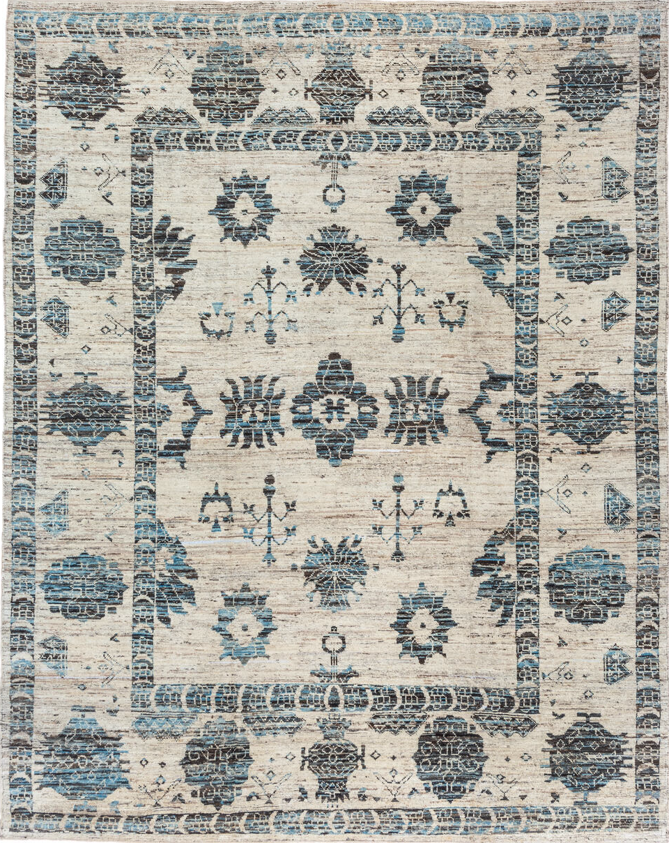 9' x 12' one-of-a-kind handmade vintage Tulu large size rug. Color palette: gray, light gray, off-white, blue, light blue