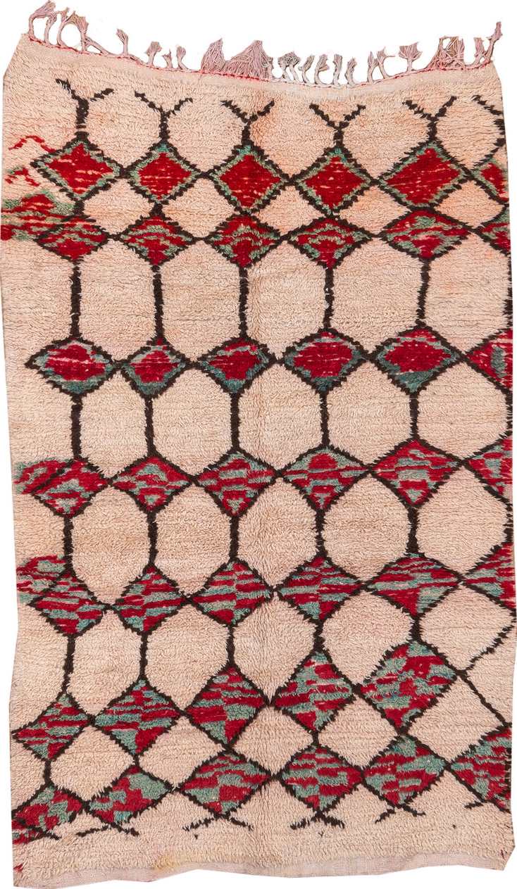 5' x 8' one-of-a-kind handmade vintage Moroccan medium size rug. Color palette: pink, gray, red, brown, off-white, orange