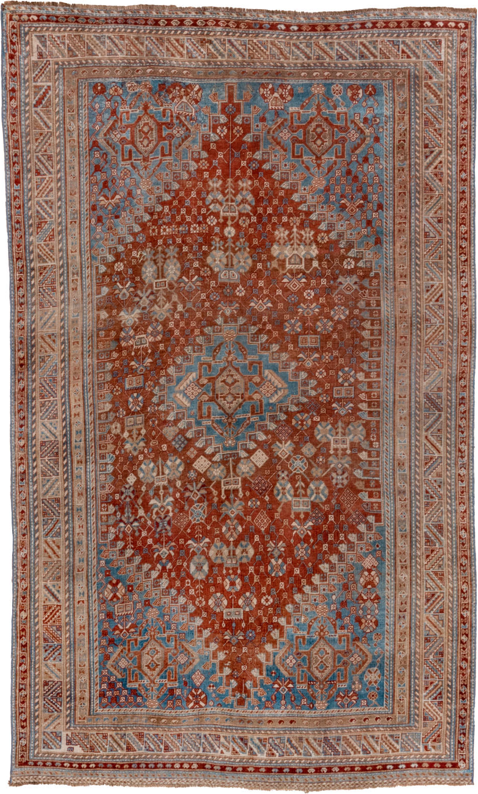 5' x 9' one-of-a-kind handmade vintage Qashqai medium size rug. Color palette: arapawa, blue, brown, dark gray, gray