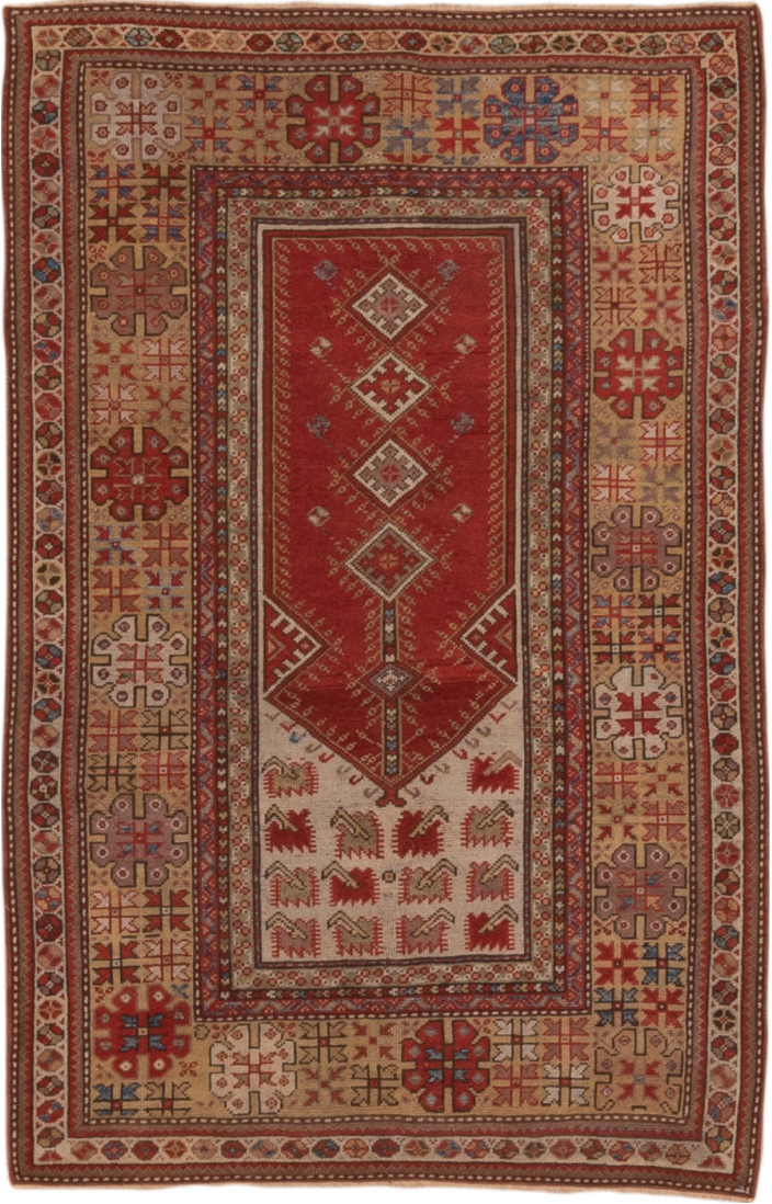 3' x 5' one-of-a-kind handmade vintage Melas small size rug. Color palette: brown, gray, light gray, off-white, pink, red