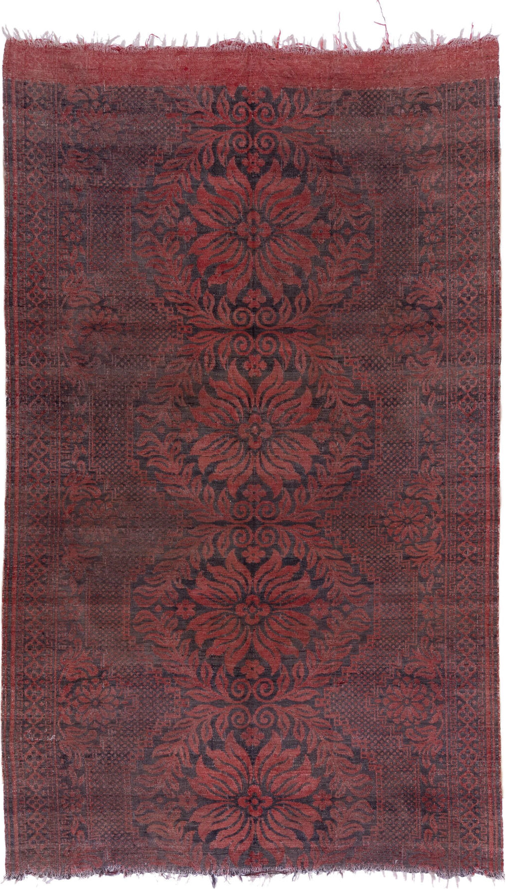 5' x 9' one-of-a-kind handmade vintage Kilim medium size rug. Color palette: brown, gray, off-white, pink, red, snow, white