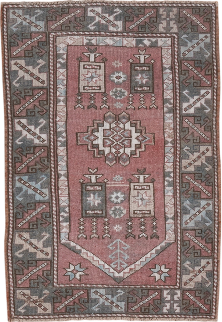 2' x 4' one-of-a-kind handmade vintage Oushak small size rug. Color palette: brown, dim gray, gray, light gray, off-white