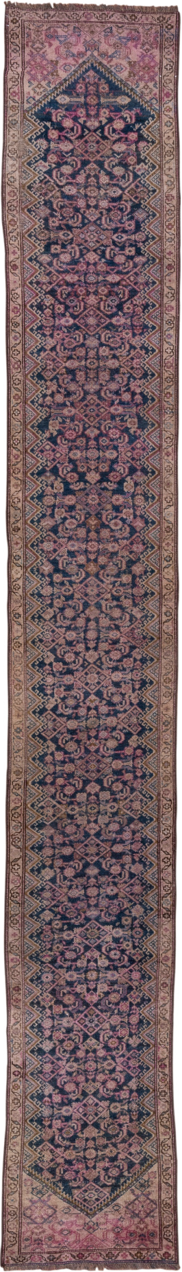2' x 16' one-of-a-kind handmade vintage NW Persian runner rug. Color palette: brown, dim gray, gray, off-white, pink, snow