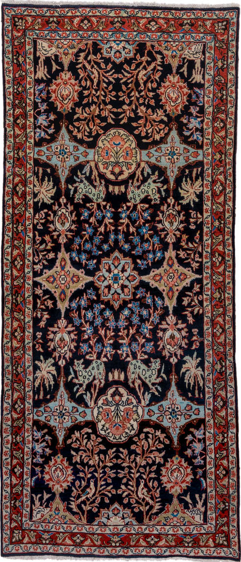 4' x 10' one-of-a-kind handmade vintage Mahal runner rug. Color palette: brown, gray, black, pink, red, blue, redwood