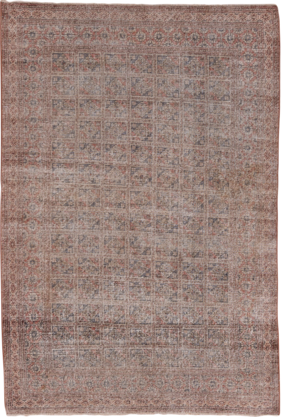 4' x 6' one-of-a-kind handmade vintage Oushak small size rug. Color palette: brown, dim gray, gray, light gray, off-white