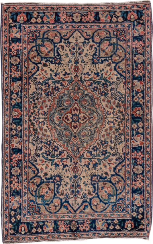 1' x 2' one-of-a-kind handmade vintage Tabriz small size rug. Color palette: gray, blue, pink, light gray, brown, red, black