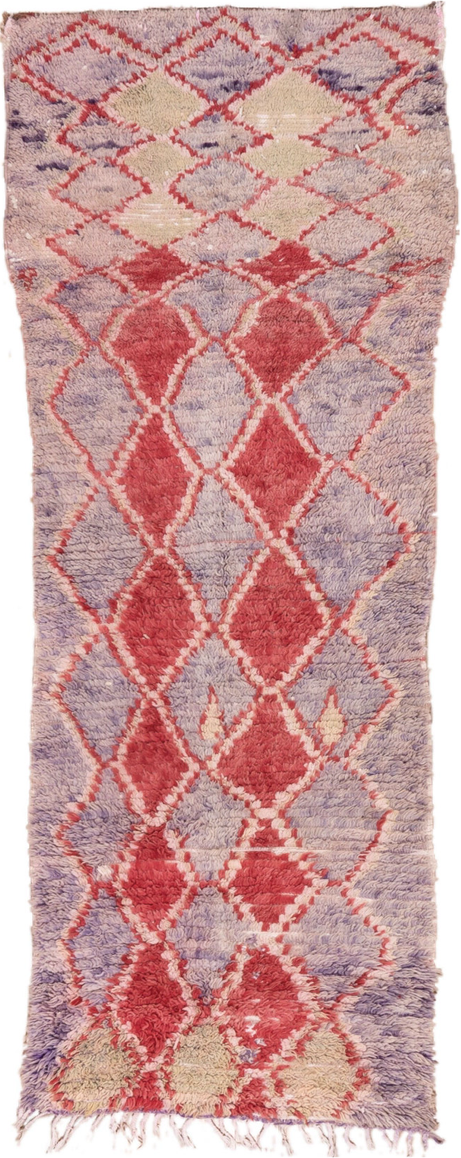 3' x 9' one-of-a-kind handmade vintage Rag Rug runner rug. Color palette: brown, gray, light gray, pink, red