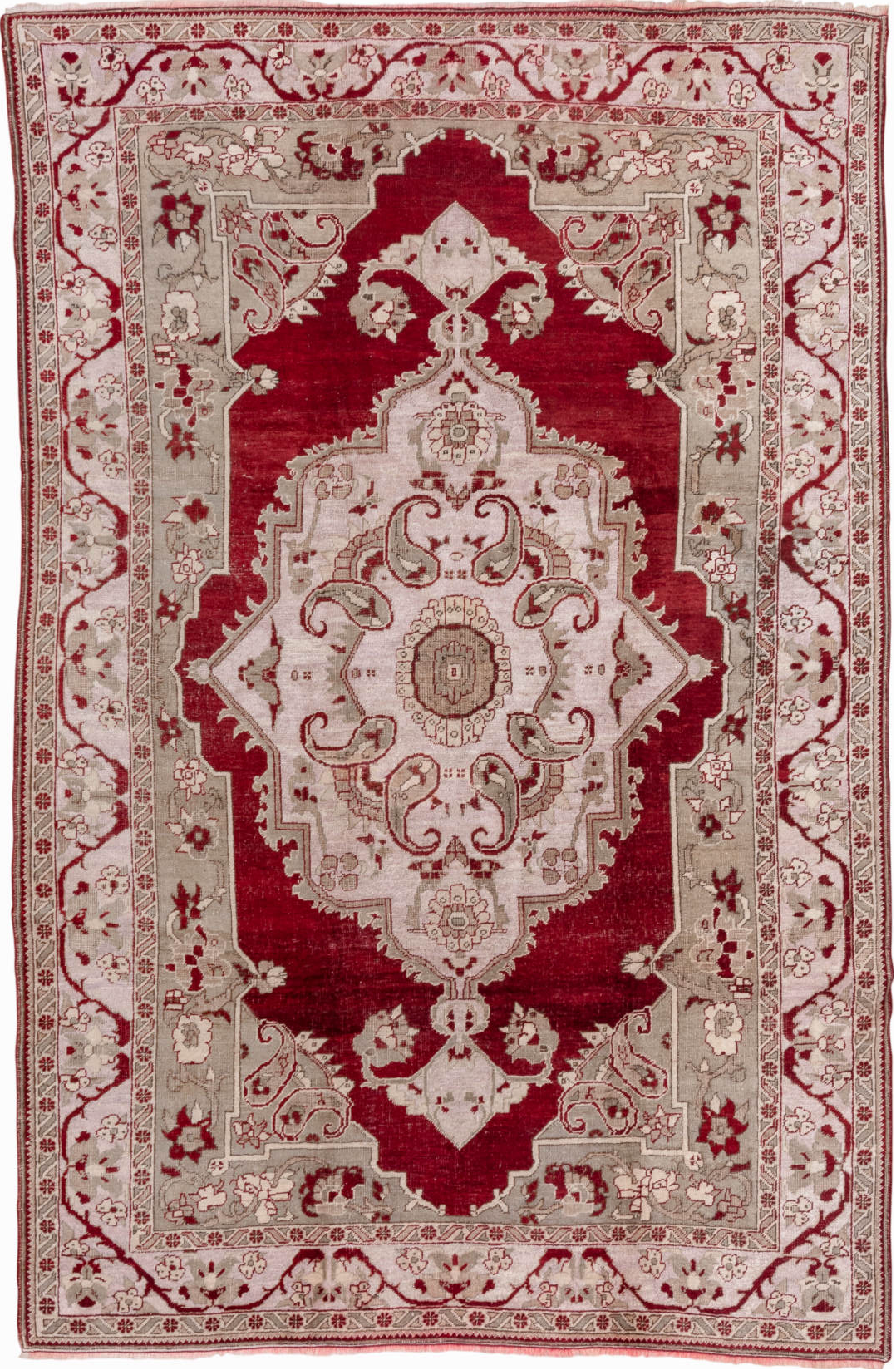 7' x 10' one-of-a-kind handmade vintage Oushak large size rug. Color palette: brown, gray, light gray, off-white, pink, red