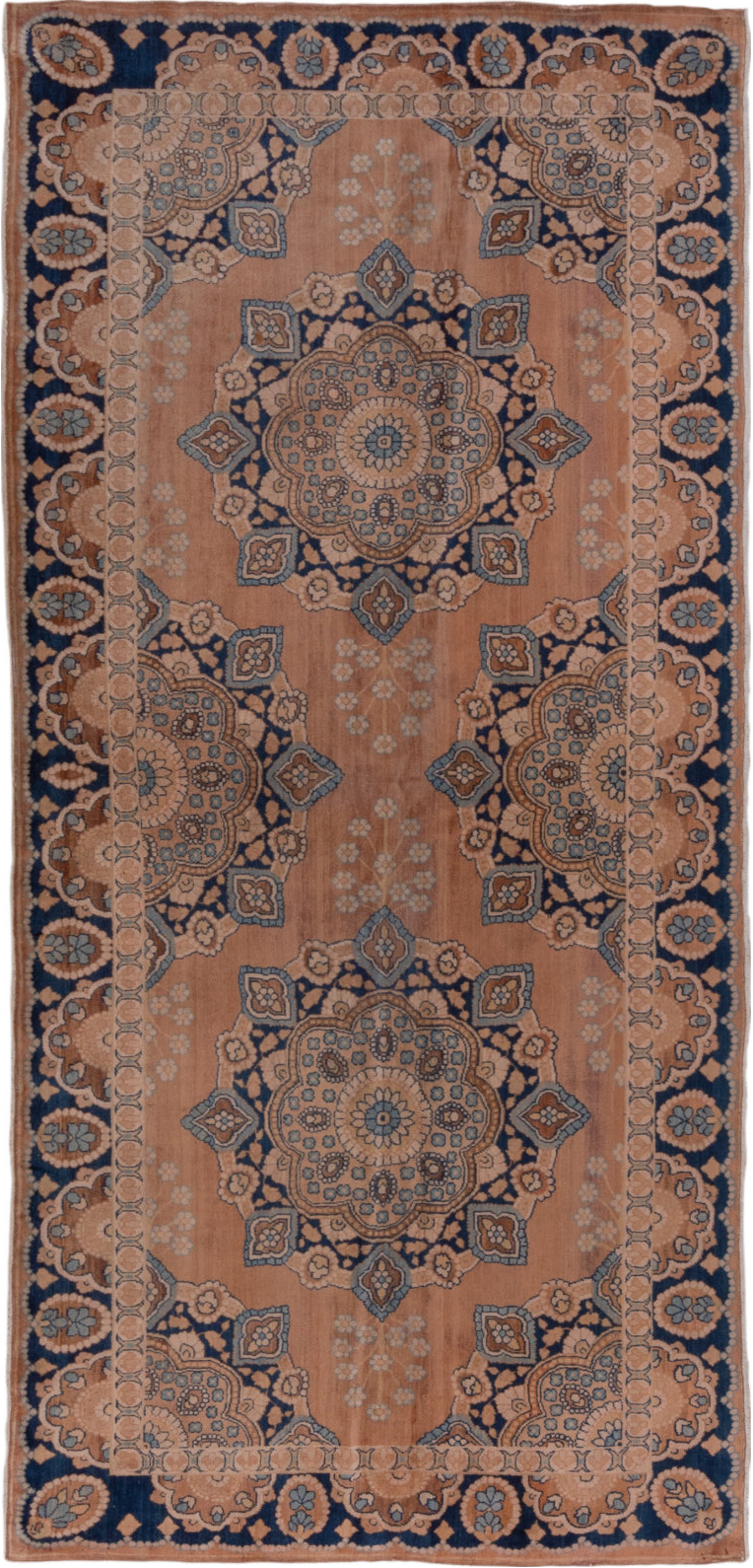 4' x 9' one-of-a-kind handmade vintage Kerman runner rug. Color palette: black, brown, dim gray, gray, pink