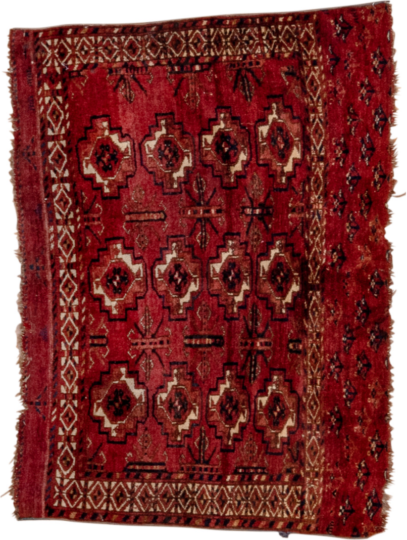 2' x 4' one-of-a-kind handmade vintage Torkaman small size rug. Color palette: brown, gray, pink, red