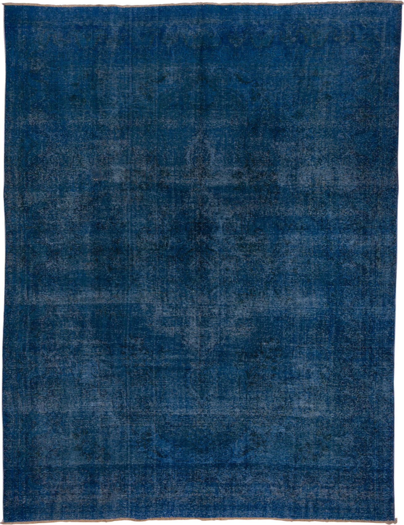 9' x 12' one-of-a-kind handmade vintage Overdyed large size rug. Color palette: arapawa, blue, fiord, ghost white, gray