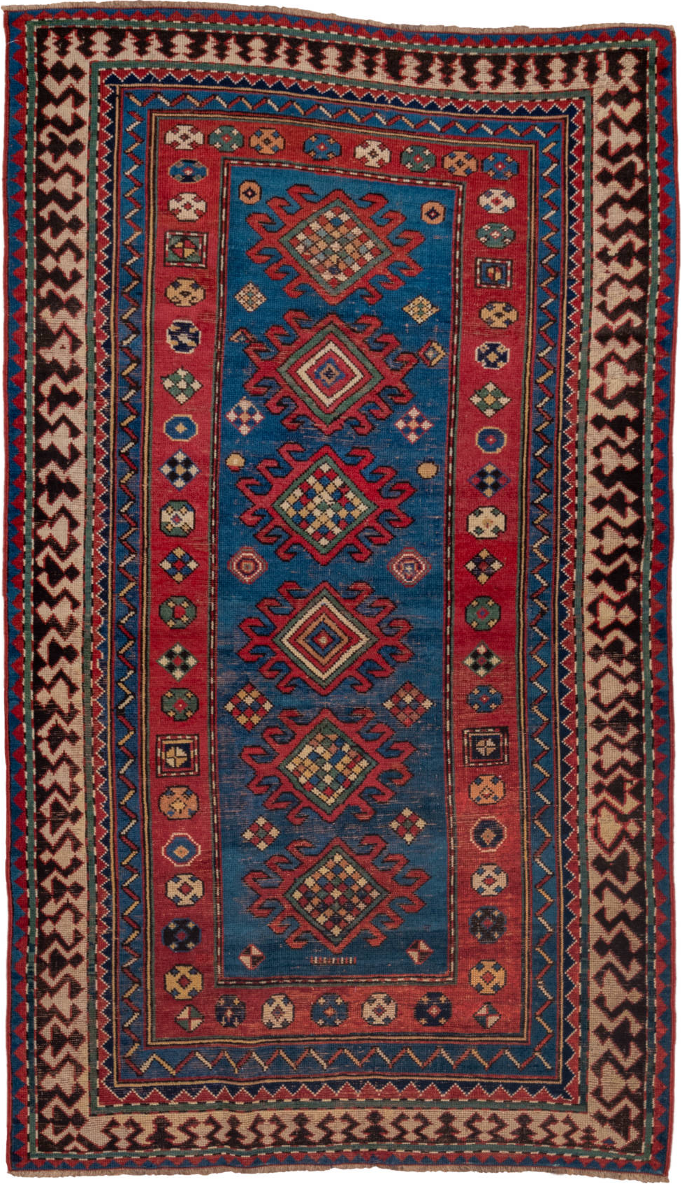 3' x 6' one-of-a-kind handmade vintage Kazak small size rug. Color palette: blue, brown, gray, pink, red