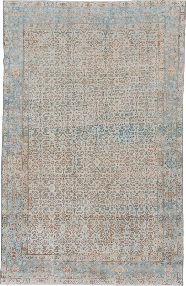 6' x 10' one-of-a-kind handmade vintage Tabriz large size rug. Color palette: gray, light gray, off-white, dark gray, silver