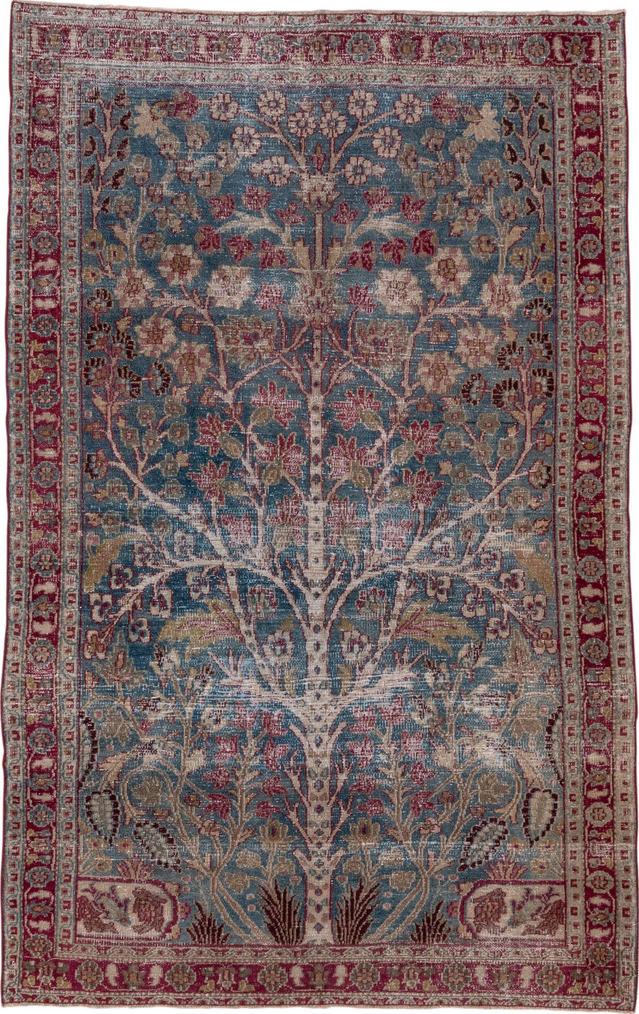 4' x 6' one-of-a-kind handmade vintage Khorassan small size rug. Color palette: gray, pink, blue, brown, red, light blue