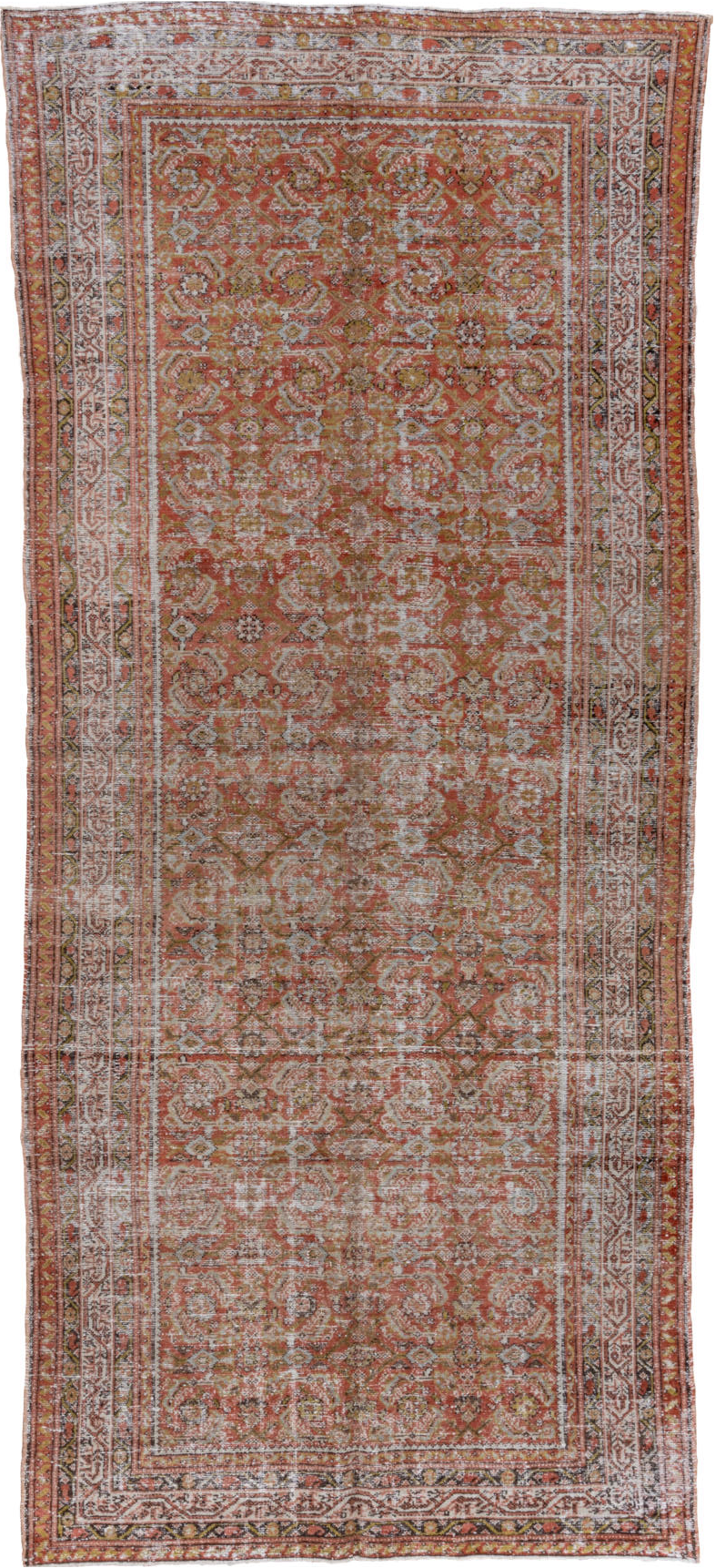 5' x 13' one-of-a-kind handmade vintage Malayer rug. Color palette: brown, gray, light gray, pink, off-white, redwood, white
