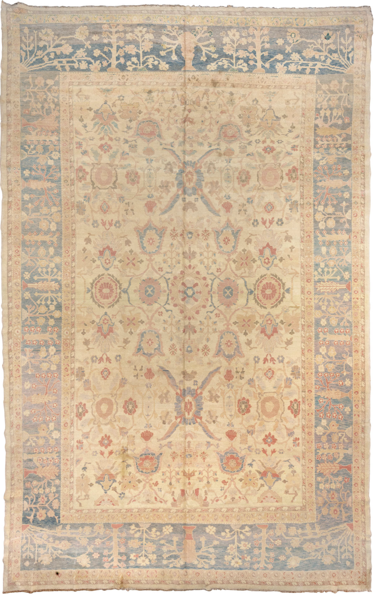 12' x 20' one-of-a-kind handmade vintage Sultanabad oversize rug. Color palette: bisque, blanched almond, brown, gray