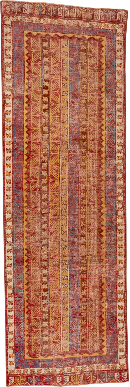 3' x 9' one-of-a-kind handmade vintage Oushak runner rug. Color palette: brown, gray, orange, peru, pink, red