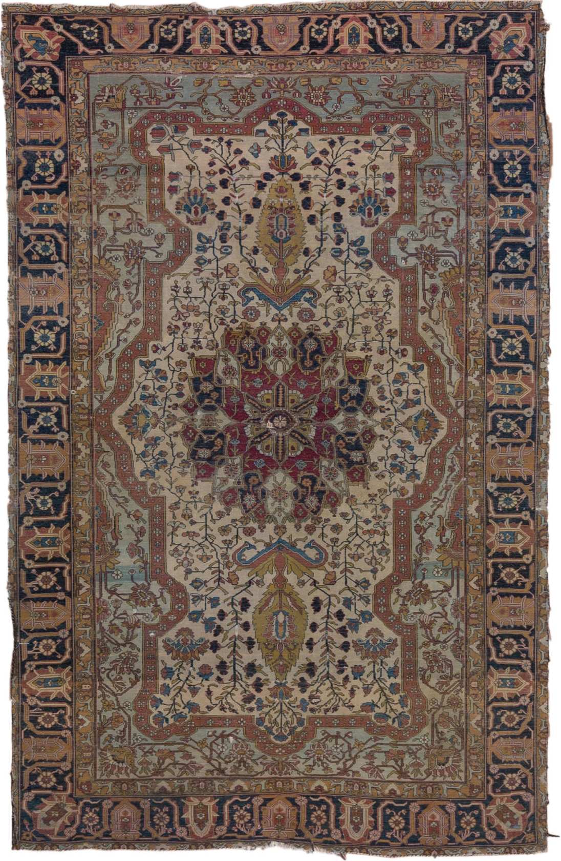 4' x 6' one-of-a-kind handmade vintage Mohtasham Kashan small size rug. Color palette: black, blue, brown, charcoal