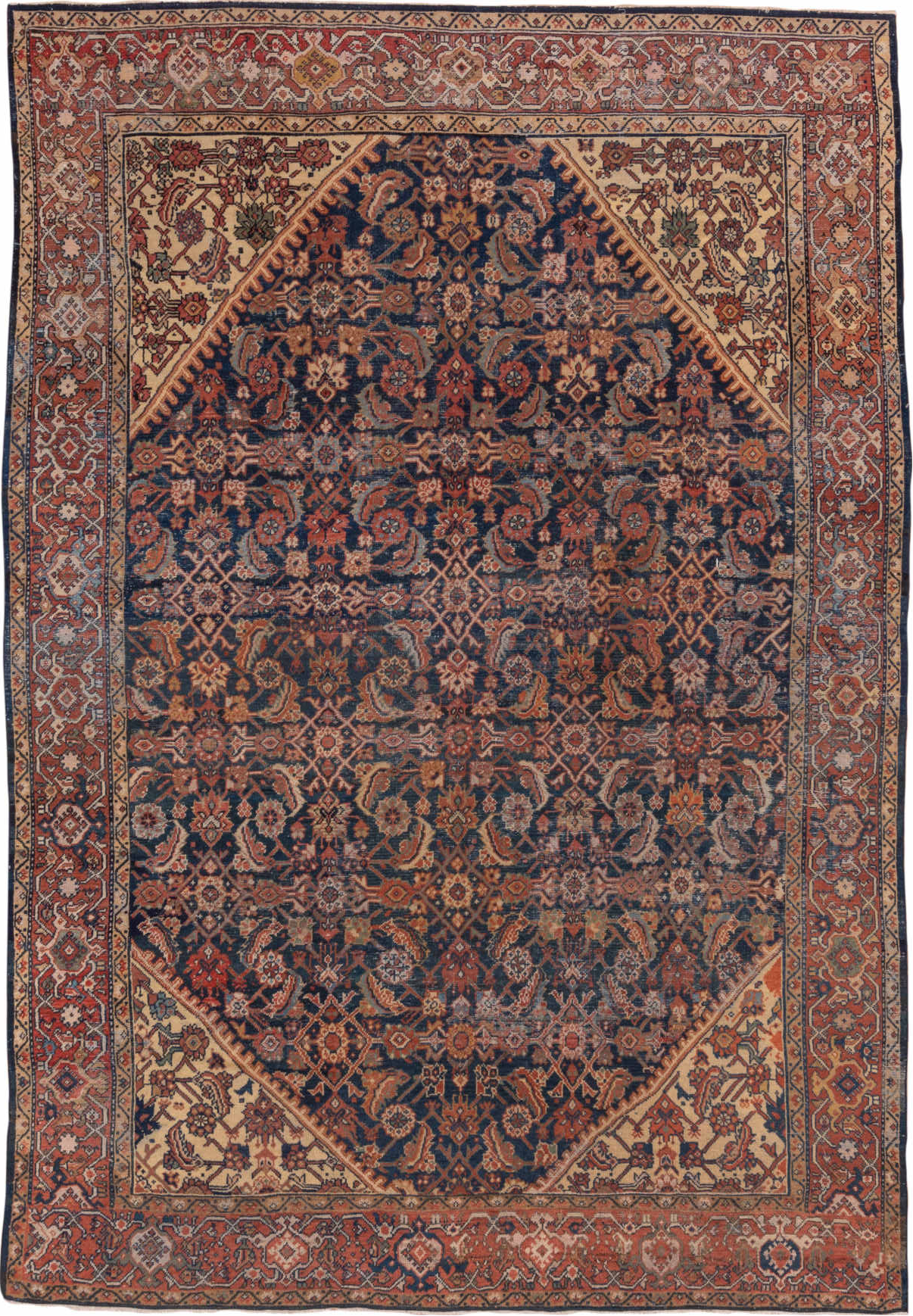 8' x 11' one-of-a-kind handmade vintage Mahal large size rug. Color palette: black, blue, brown, gray, pink, red, redwood