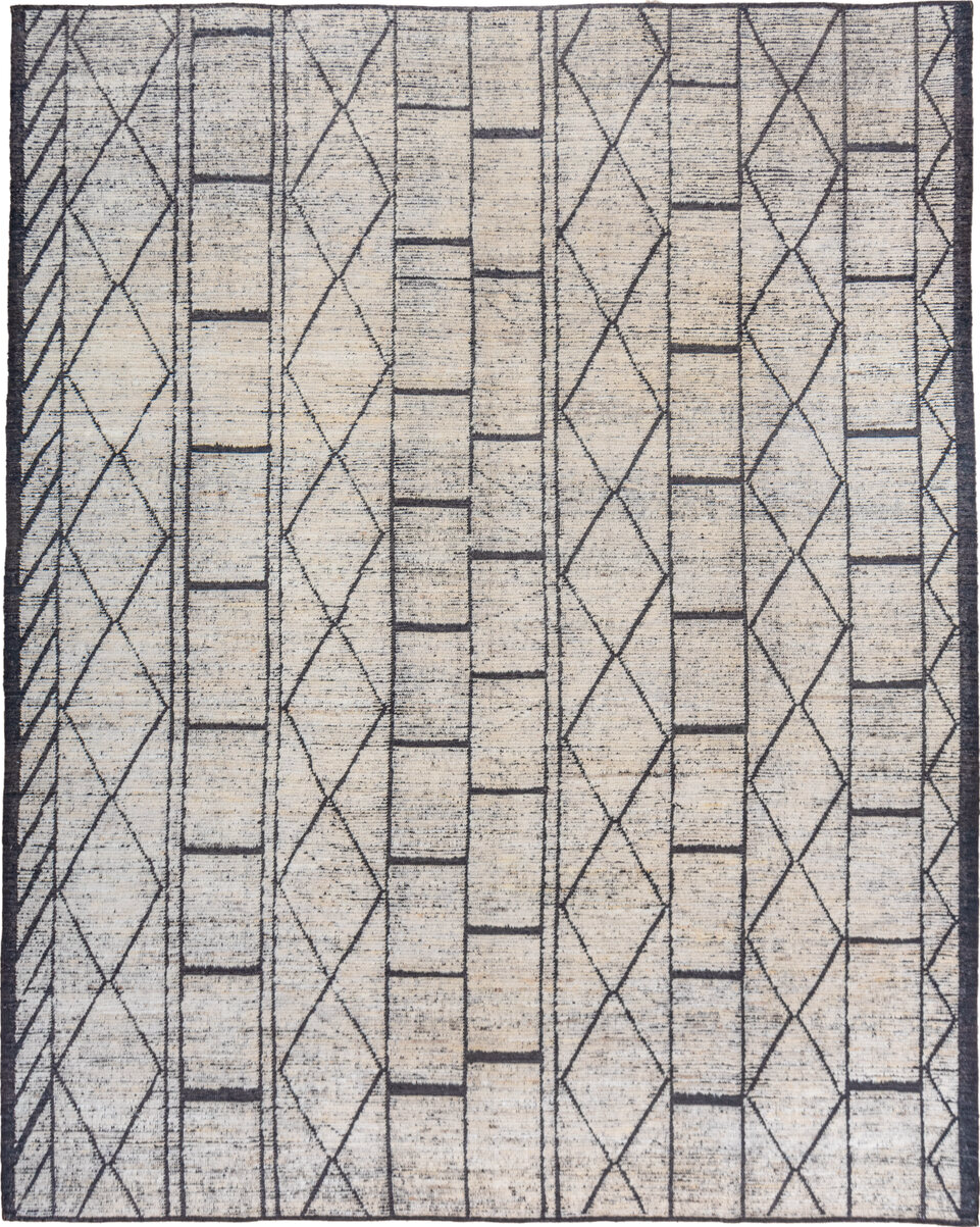 9' x 12' one-of-a-kind handmade vintage Tulu large size rug. Color palette: light gray, gray, off-white, black, dark gray