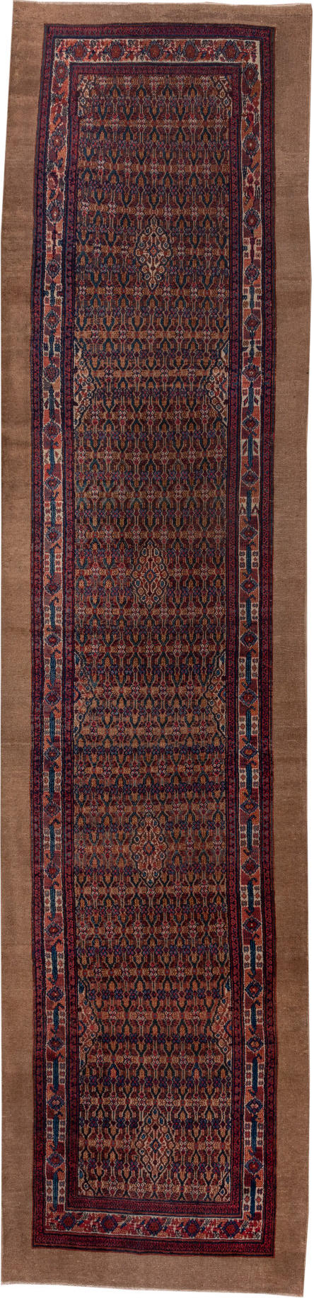 3' x 14' one-of-a-kind handmade vintage Cam Hamadan runner rug. Color palette: blue, brown, gray, pink, red, redwood