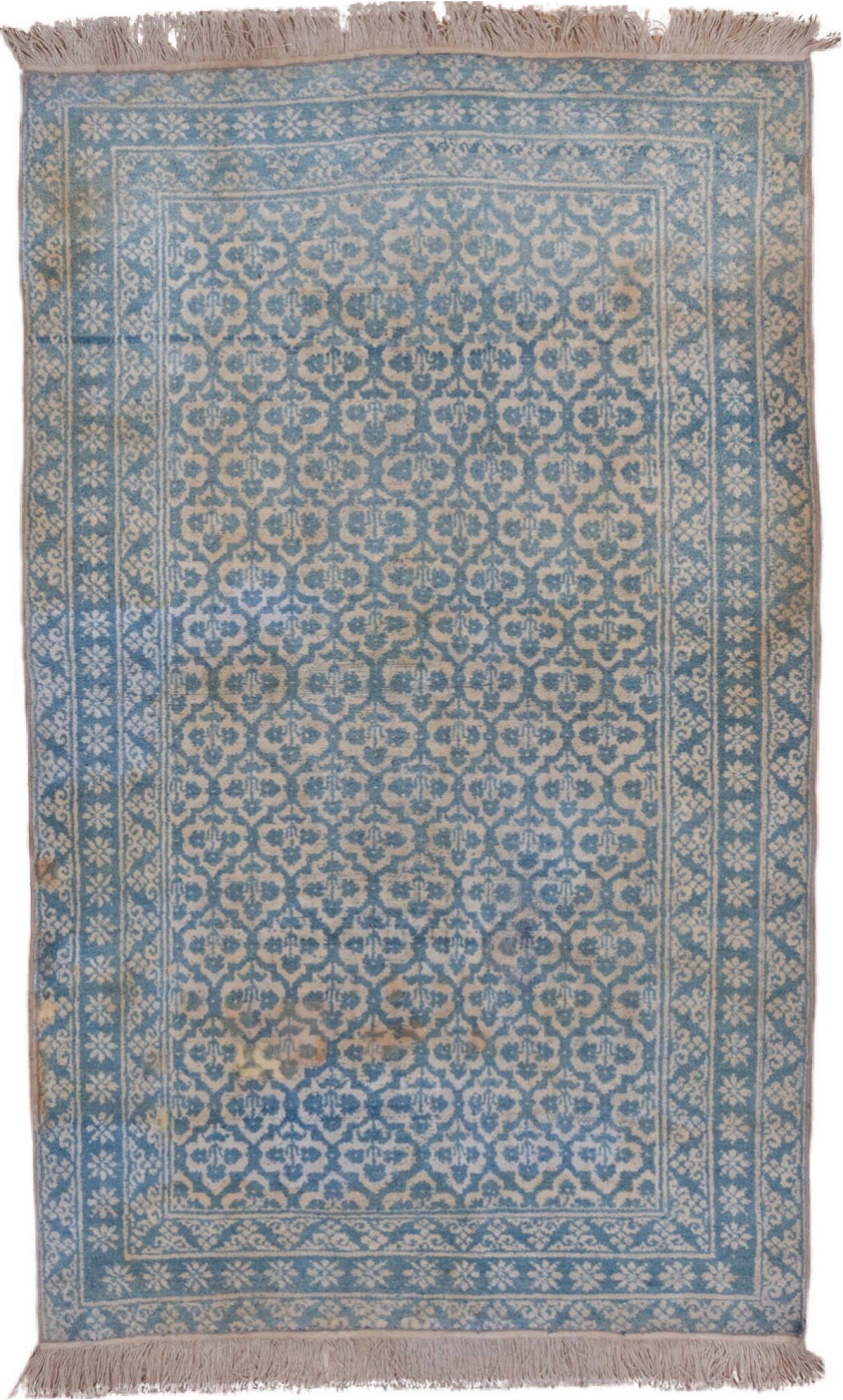 3' x 6' one-of-a-kind handmade vintage Cotton Agra small size rug. Color palette: blue, dark gray, dim gray, gray