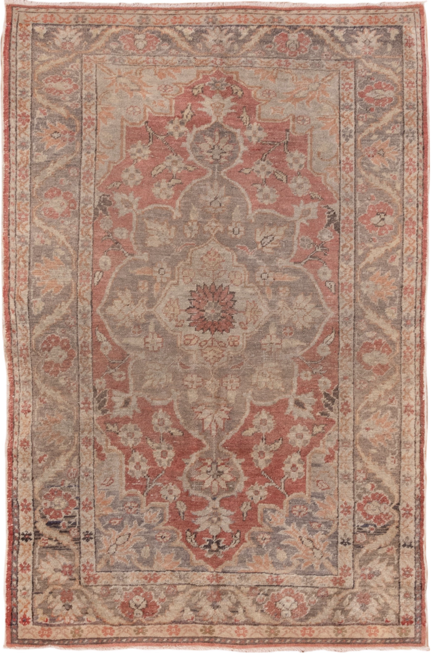 4' x 6' one-of-a-kind handmade vintage Oushak small size rug. Color palette: brown, gray, light gray, off-white, orange