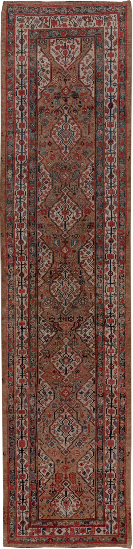 3' x 13' one-of-a-kind handmade vintage Cam Hamadan runner rug. Color palette: black, brown, charcoal, gray, pink, red