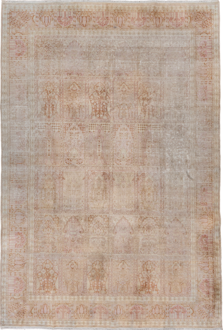 7' x 10' one-of-a-kind handmade vintage Kaisary large size rug. Color palette: pink, gray, light gray, brown, off-white