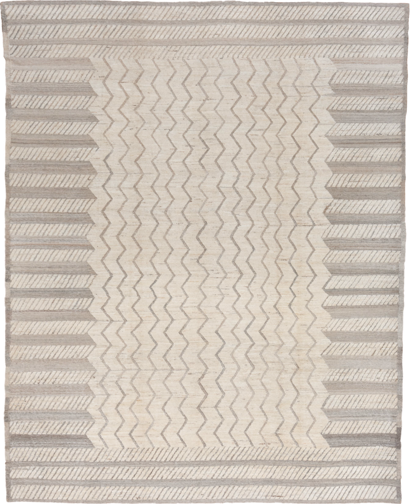 9' x 12' one-of-a-kind handmade vintage Tulu large size rug. Color palette: dark gray, gainsboro, gray, light gray, linen