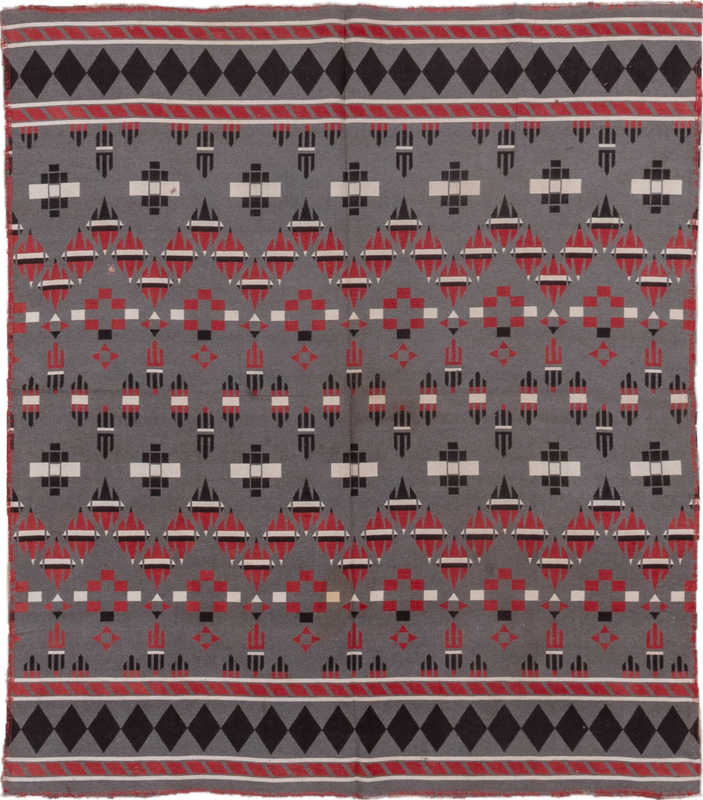 5' x 6' one-of-a-kind handmade vintage  rug. Color palette: gray, light gray, red, brown, pink, black, off-white, dim gray