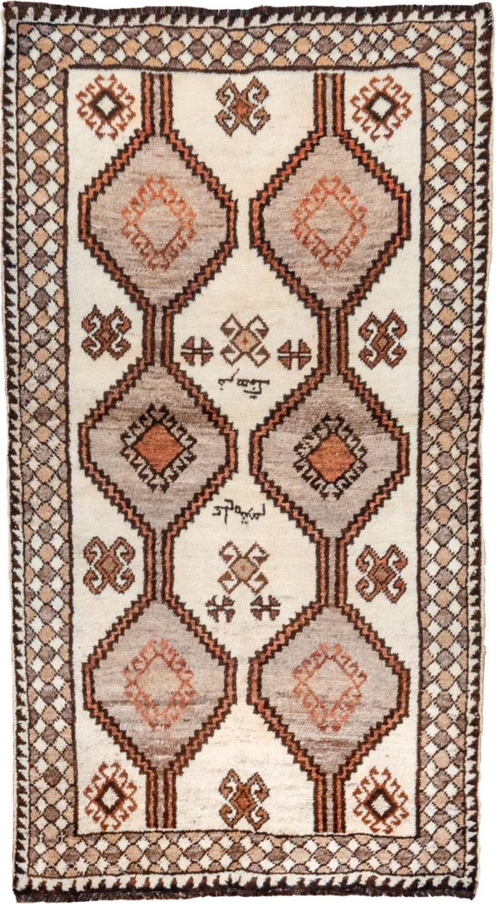 3' x 6' one-of-a-kind handmade vintage Gabbe small size rug. Color palette: antiquewhite, brown, gray, light gray, linen