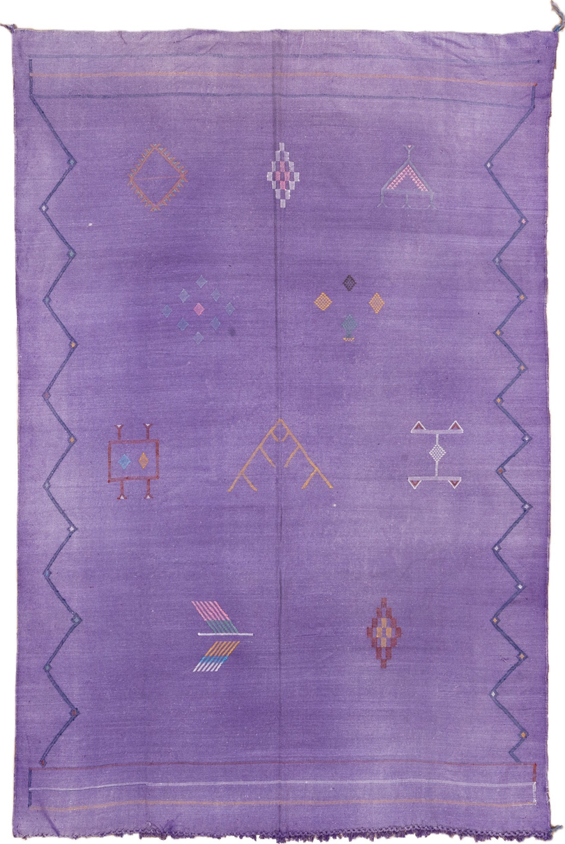 6' x 9' one-of-a-kind handmade vintage Cactus Kilim medium size rug. Color palette: off-white, pink, gray, light blue