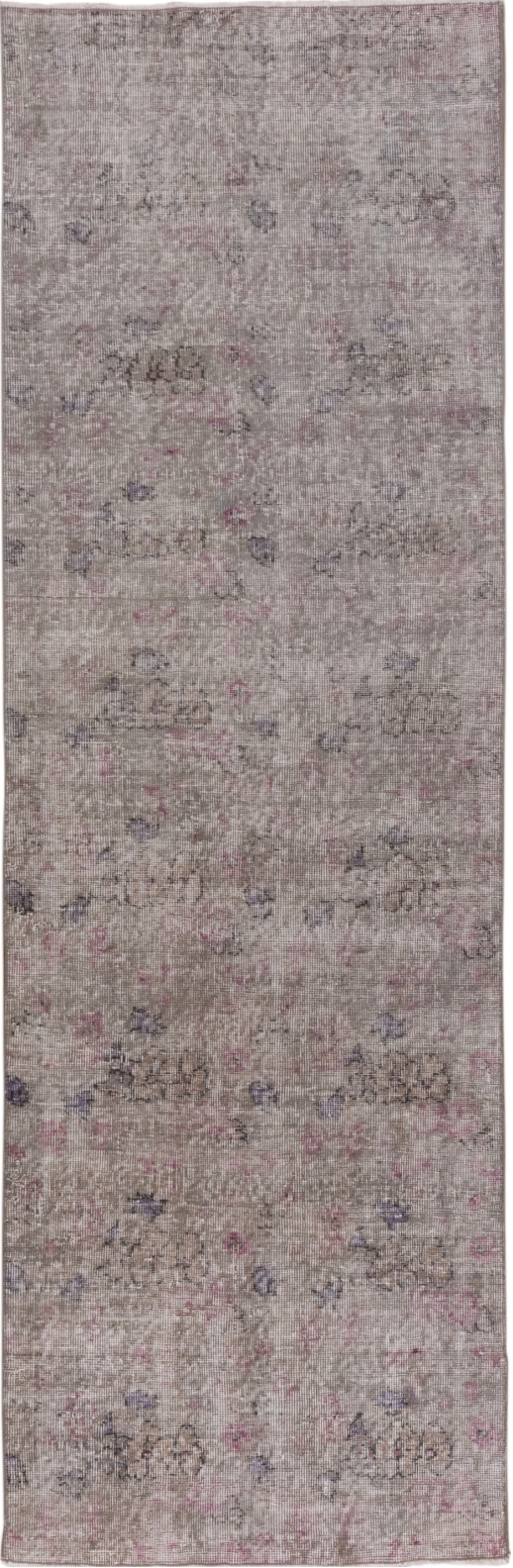 2' x 8' one-of-a-kind handmade vintage Overdyed runner rug. Color palette: dark gray, dim gray, gray, light gray, off-white