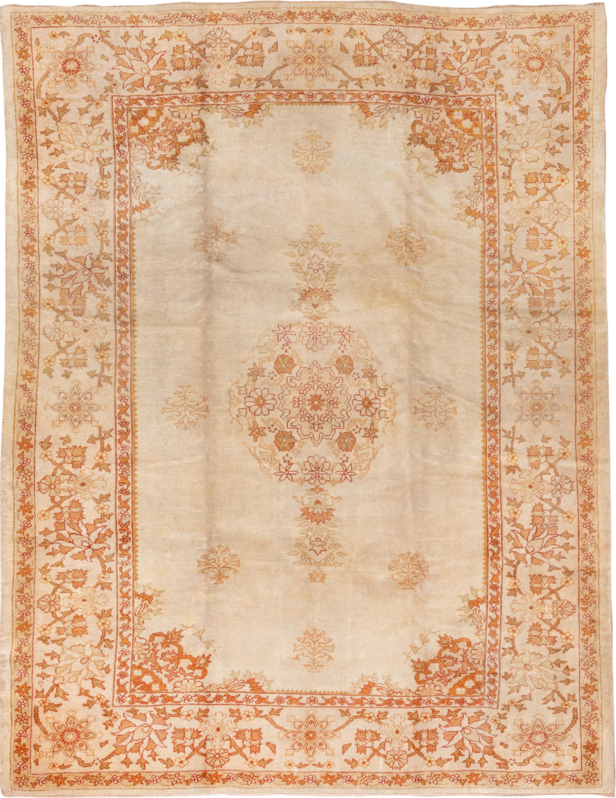 8' x 10' one-of-a-kind handmade vintage Oushak large size rug. Color palette: bisque, brown, burlywood, off-white, orange