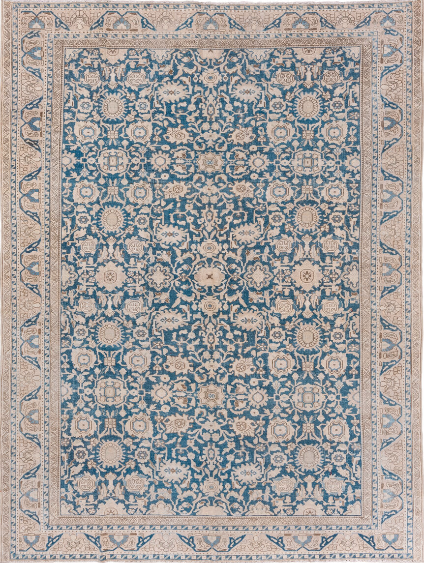 8' x 11' one-of-a-kind handmade vintage Malayer large size rug. Color palette: gray, blue, light gray, off-white, pink