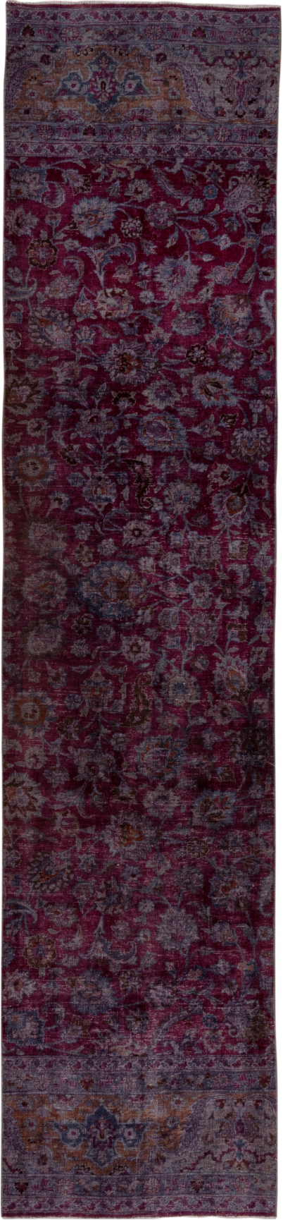 2' x 12' one-of-a-kind handmade vintage Overdyed runner rug. Color palette: black, gray, off-white, snow, white, whitesmoke