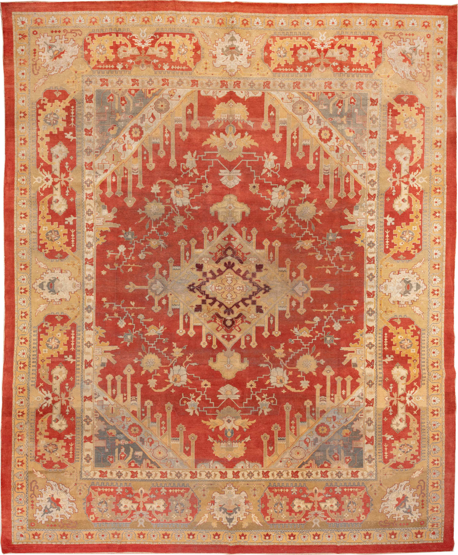 11' x 14' one-of-a-kind handmade vintage Amritzar oversize rug. Color palette: brown, burlywood, gray, off-white, orange