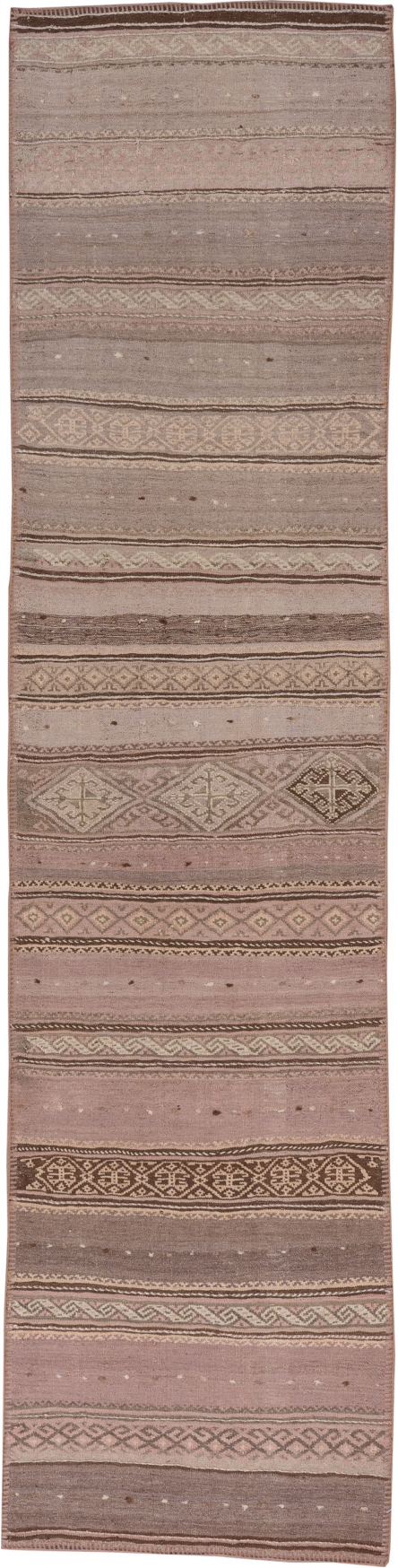 2' x 10' one-of-a-kind handmade vintage Kilim runner rug. Color palette: brown, gray, off-white, pink, snow, white
