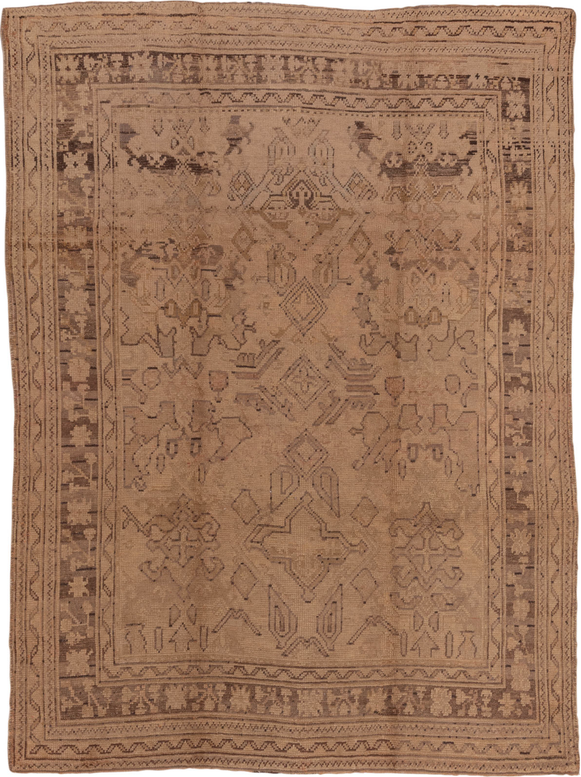 7' x 10' one-of-a-kind handmade vintage Oushak large size rug. Color palette: brown, off-white, redwood, seashell, snow
