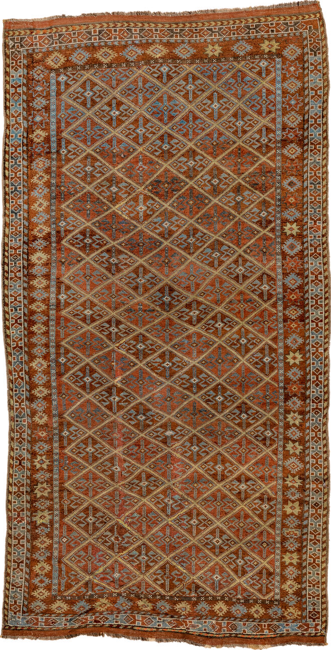 4' x 8' one-of-a-kind handmade vintage Kurd rug. Color palette: gray, light gray, brown, off-white, orange, sienna