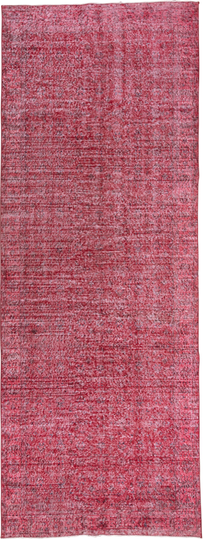 4' x 12' one-of-a-kind handmade vintage Overdyed runner rug. Color palette: brown, pink, red, wine