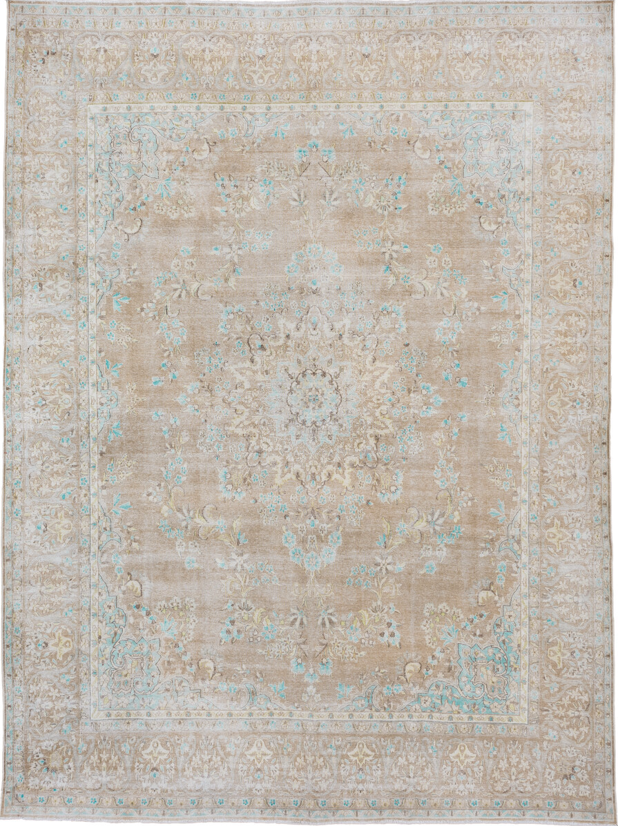 9' x 12' one-of-a-kind handmade vintage Kerman large size rug. Color palette: off-white, gray, light gray, blue, pink
