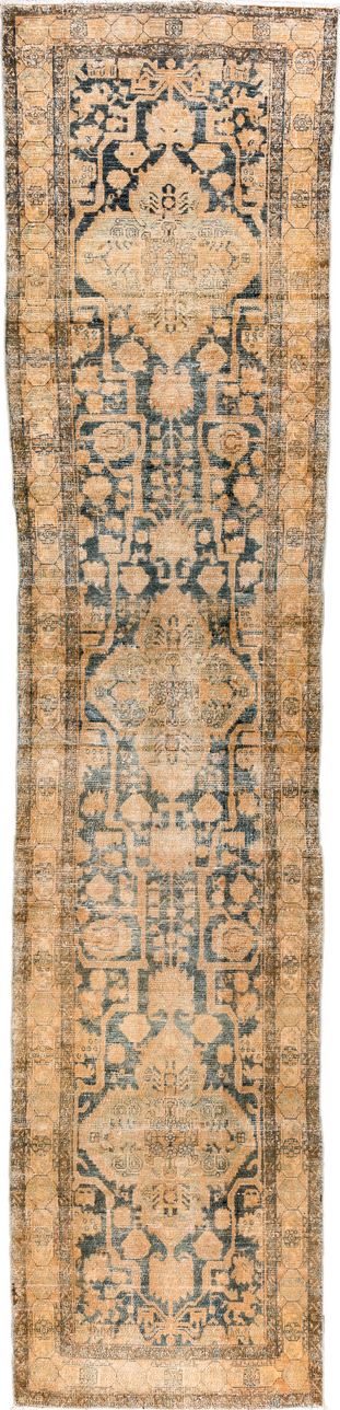 3' x 15' one-of-a-kind handmade vintage Malayer runner rug. Color palette: gray, orange, brown, black, off-white, light gray